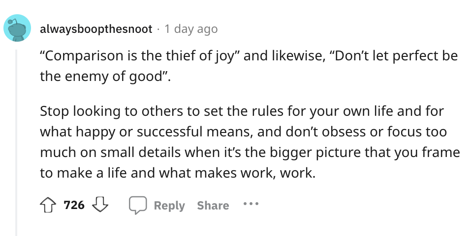 angle - alwaysboopthesnoot 1 day ago "Comparison is the thief of joy" and wise, "Don't let perfect be the enemy of good". Stop looking to others to set the rules for your own life and for what happy or successful means, and don't obsess or focus too much 